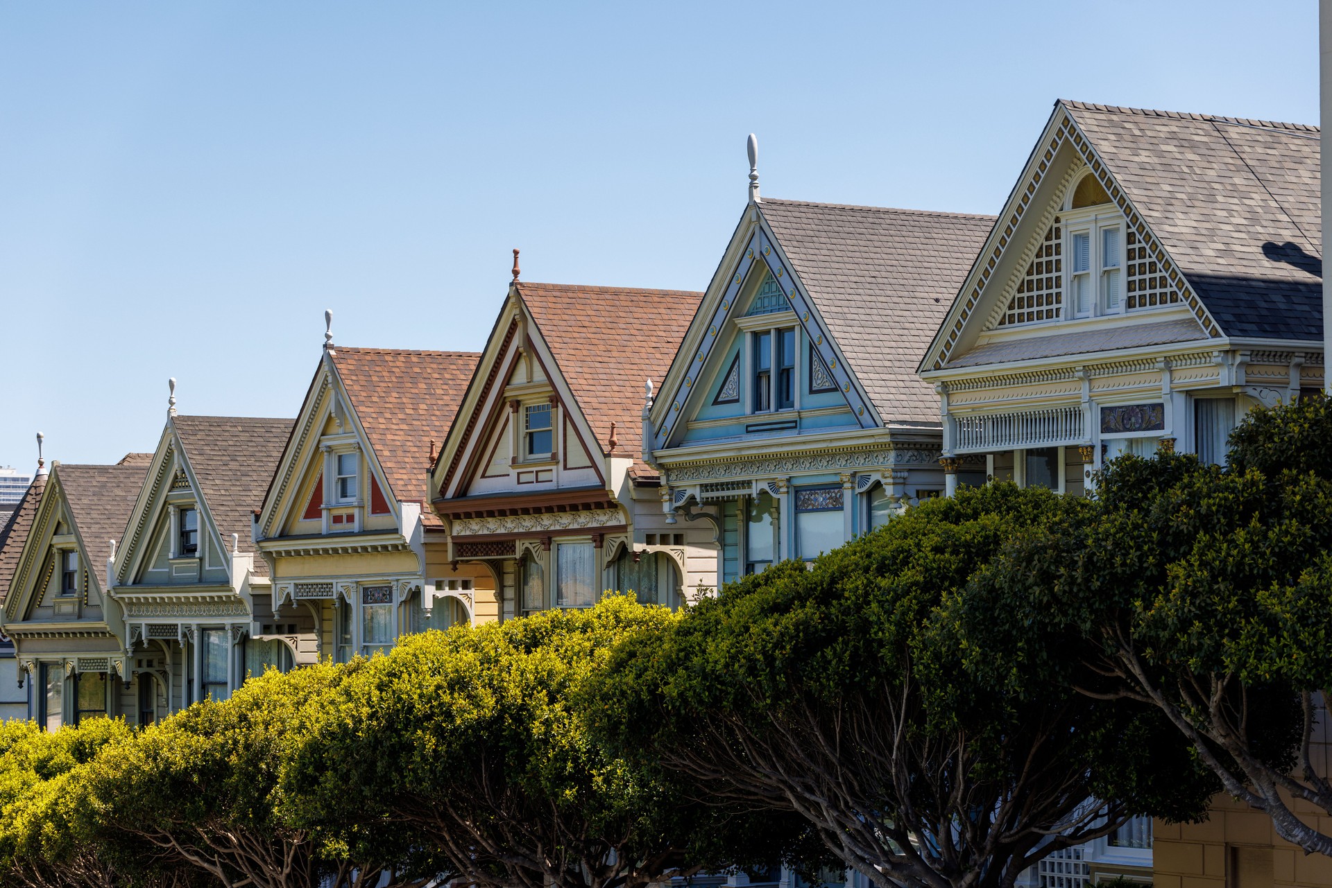 Row of Painted Ladies line the residential neighborhood of San Francisco, CA. Colorful Victorian houses grace Steiner Street.