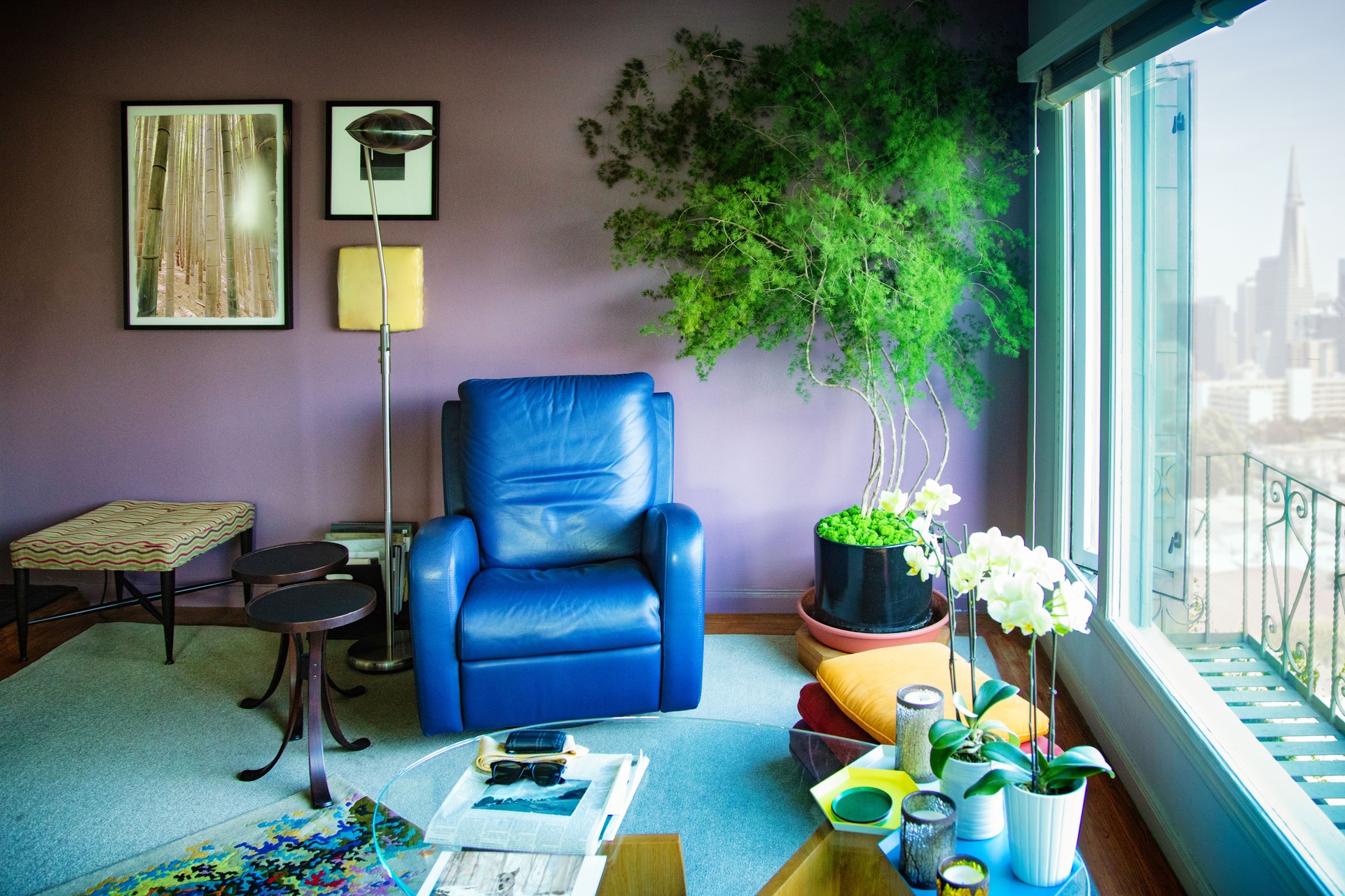 Sunny American lived in living room with blue leather chair